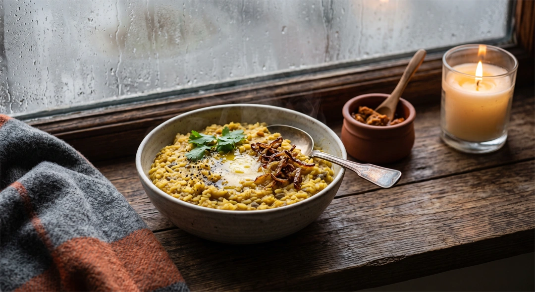 Warm khichdi bowl by a rainy window representing monsoon gut health India remedies