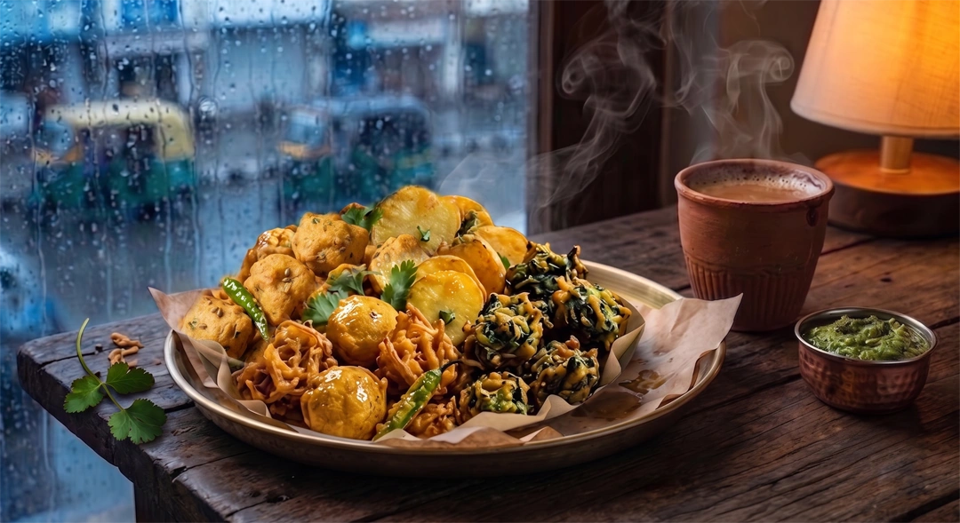 Hot crispy pakoras explaining monsoon pakora cravings during Indian rain