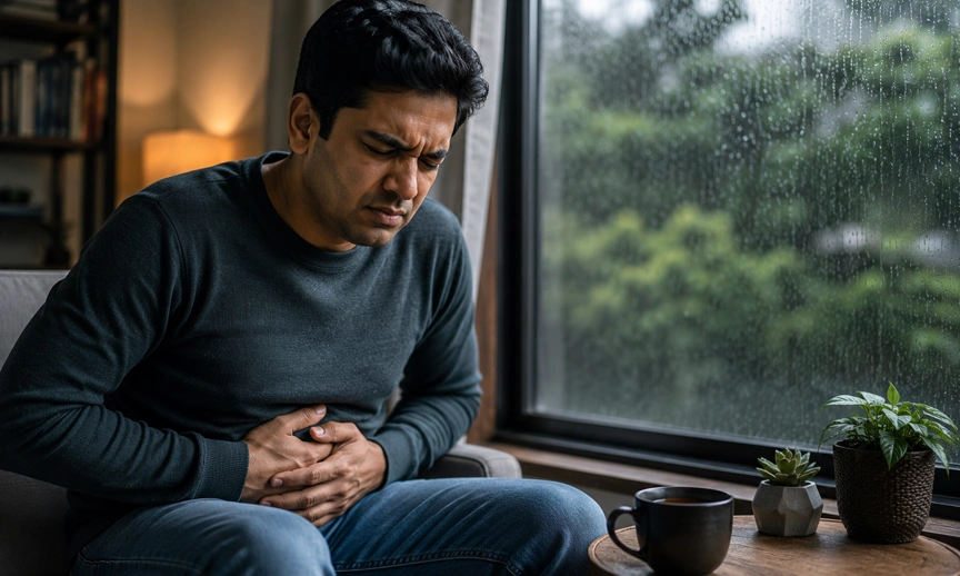 Person experiencing monsoon gut health India discomfort near a rainy window