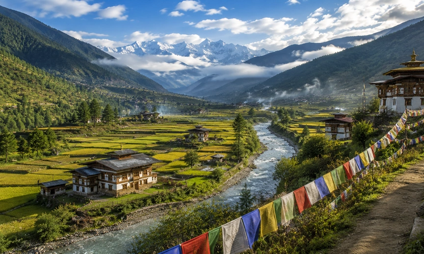 Scenic Paro Valley in Bhutan with traditional villages, mountains, and farmland.