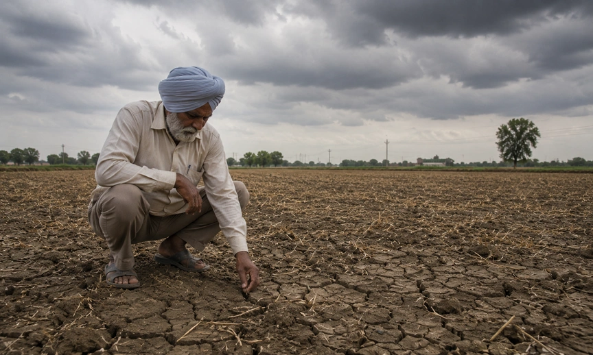 Punjab farmer checking dry soil during weak monsoon health India season