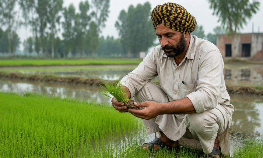 A Punjab farmer inspects rice seedlings amid this year's delayed paddy transplant season