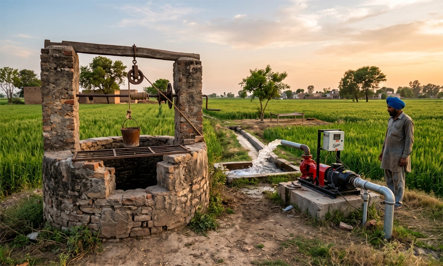 An old well beside a modern tubewell illustrates Punjab's shift since the Green Revolution