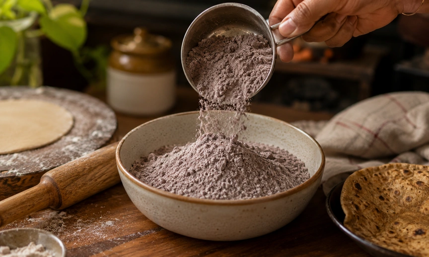 Ragi flour being kneaded for roti despite its moderate glycemic index value