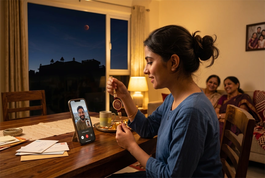 Diaspora family celebrating Raksha Bandhan history through a video call in 2026