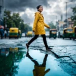 Weak monsoon health India risks visible in a dry Delhi street under grey rain clouds