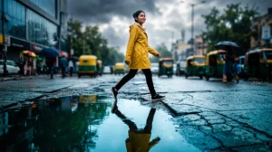 Weak monsoon health India risks visible in a dry Delhi street under grey rain clouds