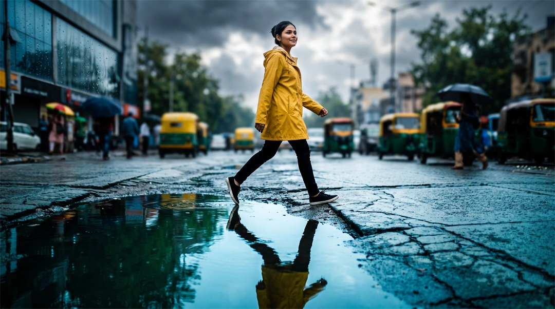 Weak monsoon health India risks visible in a dry Delhi street under grey rain clouds