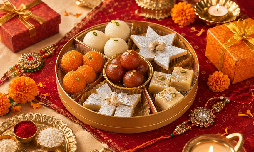 A festive round wooden thali filled with traditional Indian sweets including ladoos, gulab jamun, barfi, and kaju katli, surrounded by Rakhi threads, marigold flowers, and glowing diyas.