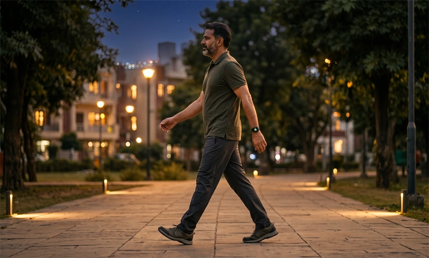 Person walking at a comfortable pace after dinner