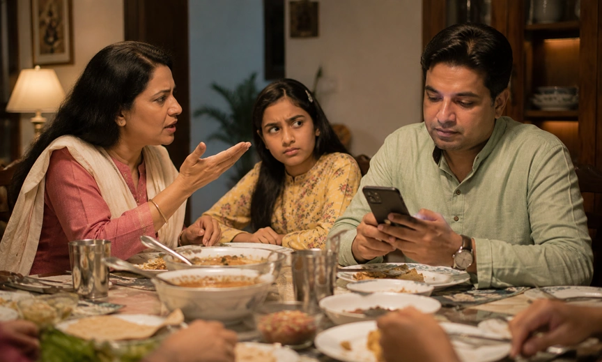 Family dinner moment reflecting the tension sparked by the Indian family WhatsApp group