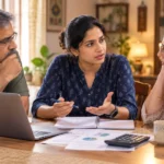 Young Indian professional having honest financial boundaries conversation with family at home dining table