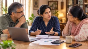 Young Indian professional having honest financial boundaries conversation with family at home dining table