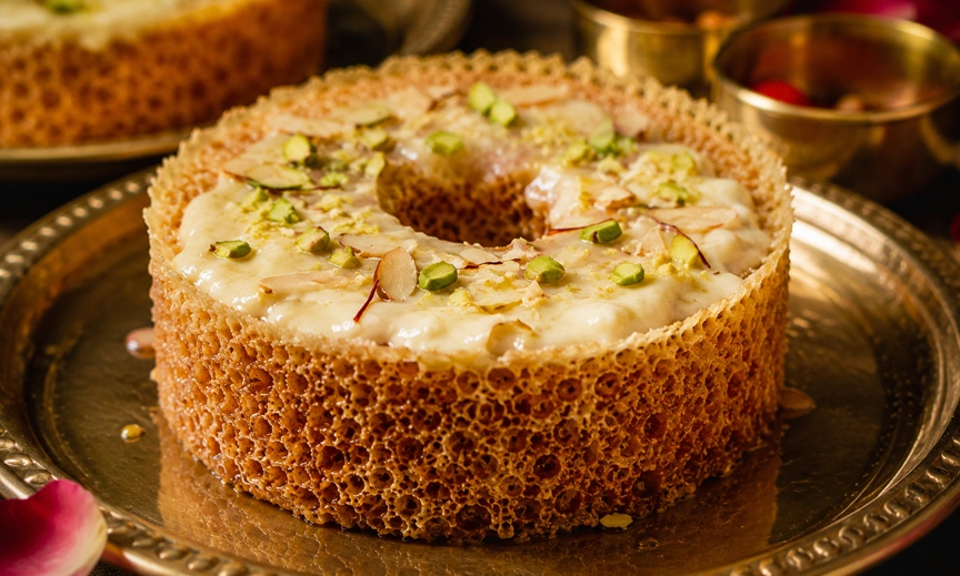 Close-up of ghevar, the Rajasthani sweet popular during regional rakhi sweets celebrations