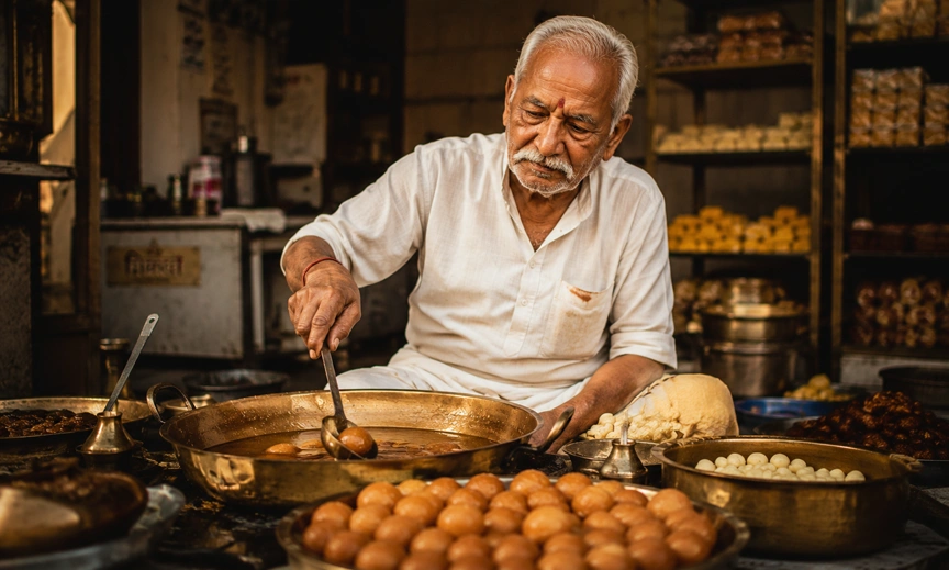 Traditional halwai preparing regional rakhi sweets by hand