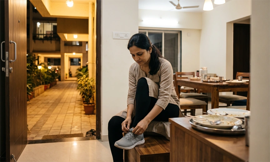Person preparing for a walk after dinner in the evening