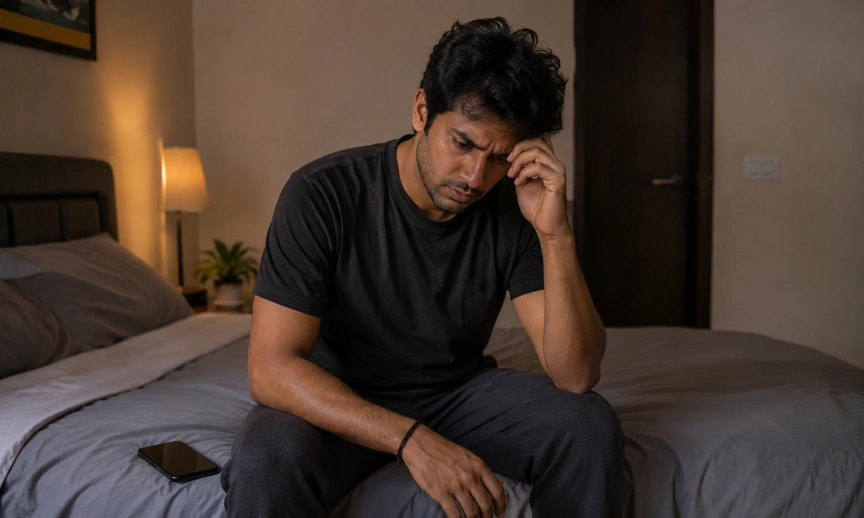 Young Indian professional experiencing guilt and conflict after family financial pressure phone call