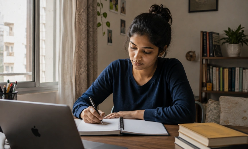 Young Indian professional writing financial boundaries plan before difficult family conversation about money