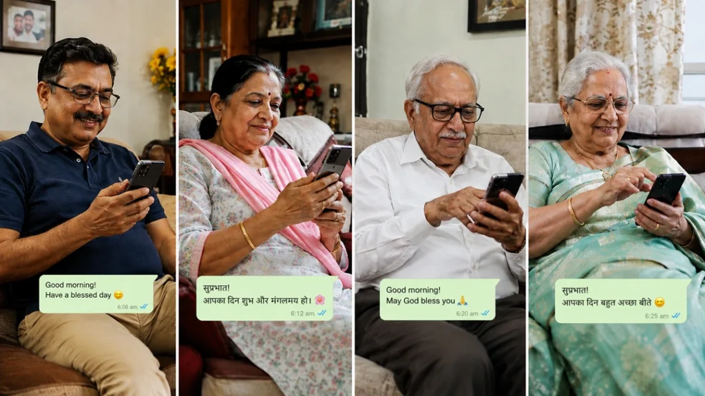Indian family WhatsApp group chat bringing a smile during a quiet morning at home