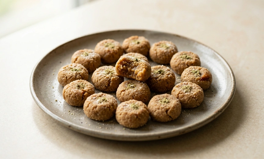 A plate filled with traditional brown Mathura peda sweets garnished with chopped pistachios.
