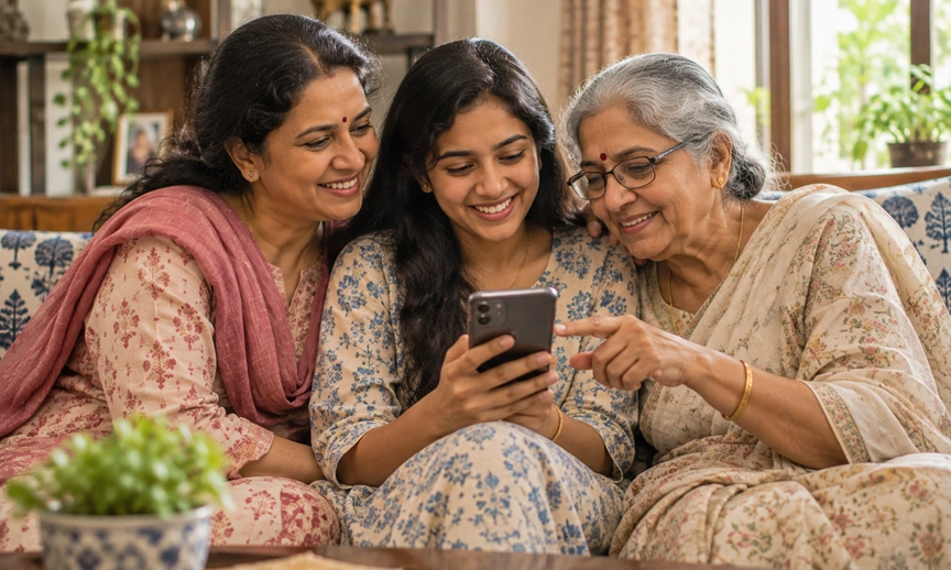 Three generations bonding over the Indian family WhatsApp group on a shared phone