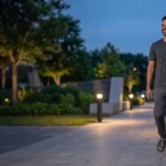 Walking after dinner in a modern park during the late evening