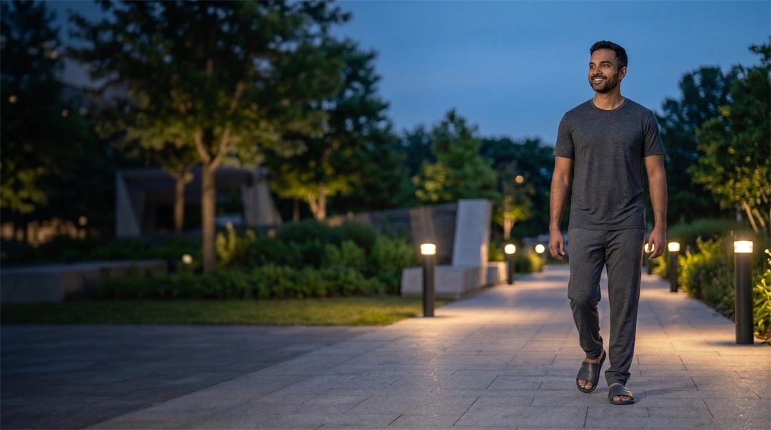 Walking after dinner in a modern park during the late evening