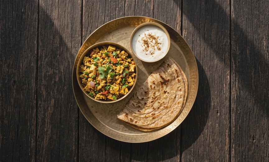 Complete high protein Indian breakfast plate with paneer paratha and dahi
