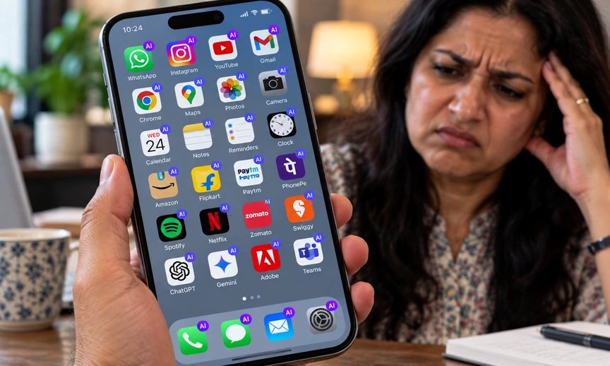 AI icons appearing across multiple everyday apps, part of the growing sense of AI overload in India