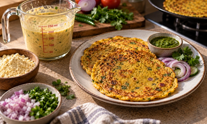 Besan chilla measured for accurate high protein Indian breakfast gram count