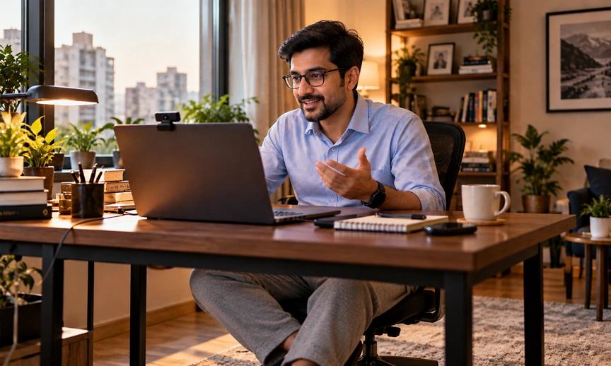 The classic hybrid work camera-on setup familiar to Indian office employees