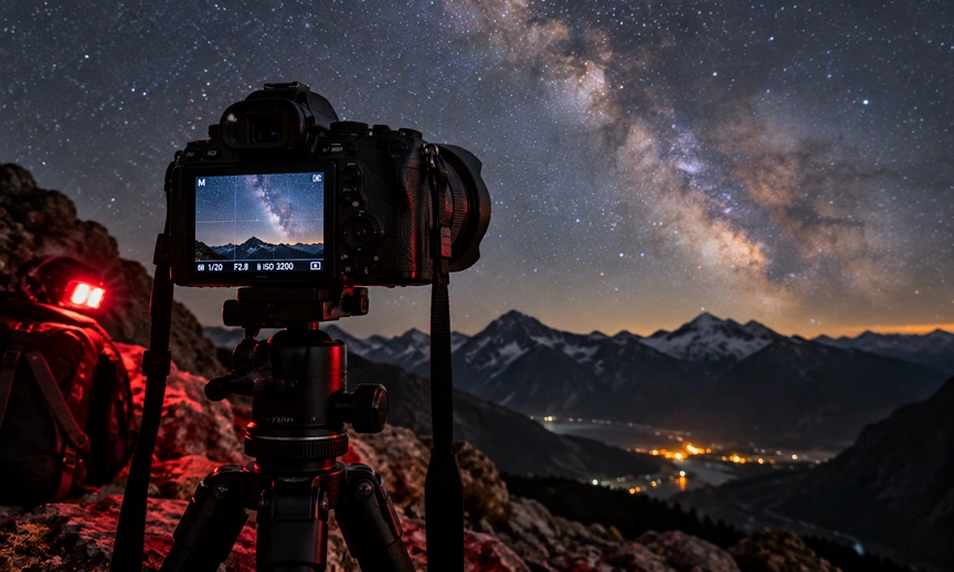 Camera setup demonstrating milky way photography india field technique at night