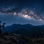 Photographer capturing the Milky Way over Coorg's night sky in the Western Ghats