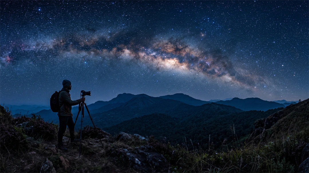 Photographer capturing the Milky Way over Coorg's night sky in the Western Ghats