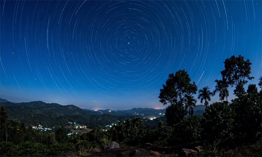 Star trail photography over the hills of Coorg during a clear winter night