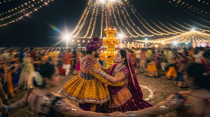 Traditional chaniya choli attire worn at Garba events in Gujarat