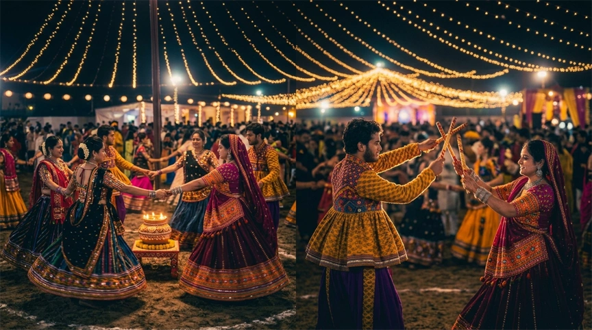 The difference between Garba, danced around a lamp, and Dandiya Raas, danced with sticks