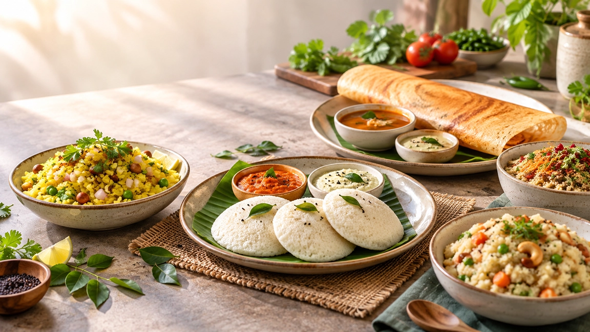 Healthy Indian breakfast recipes including idli, poha, dosa and upma
