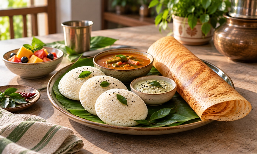 Healthy South Indian breakfast with idli, dosa, sambar and chutney