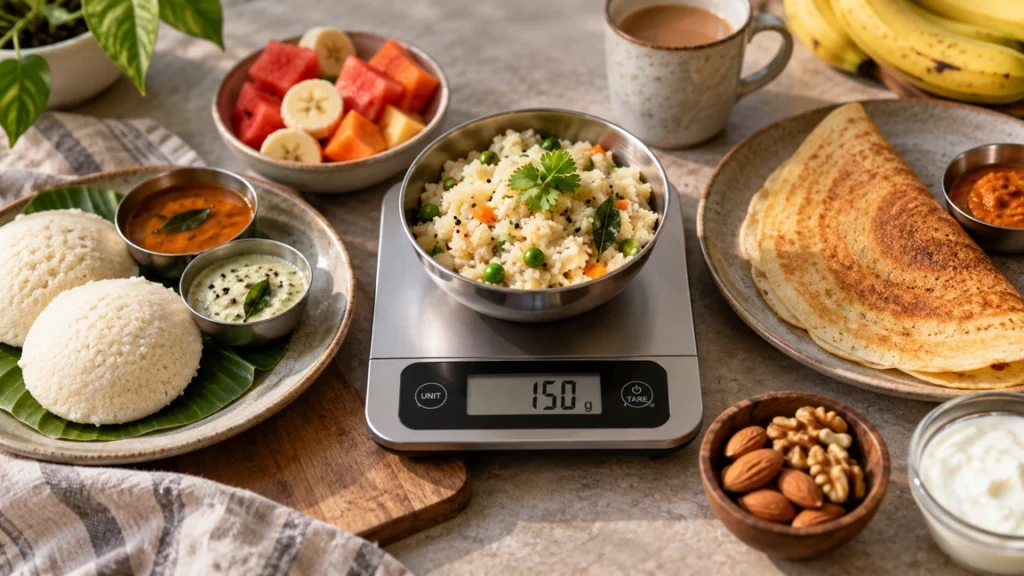 High protein Indian breakfast spread with paneer, chilla, and eggs weighed on a kitchen scale