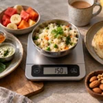 High protein Indian breakfast spread with paneer, chilla, and eggs weighed on a kitchen scale