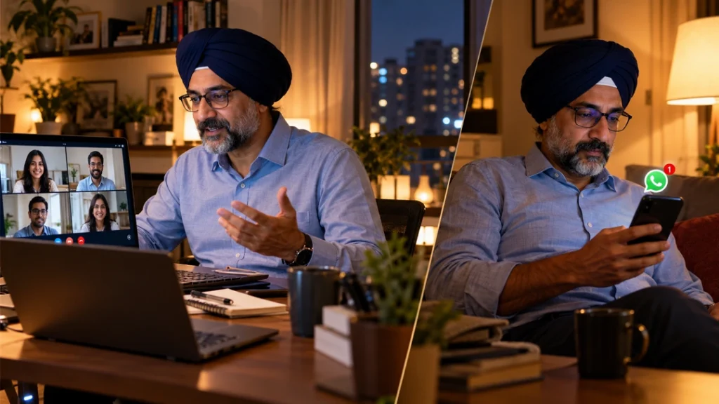 Indian professional navigating hybrid work etiquette between video calls and WhatsApp messages