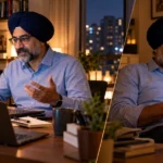 Indian professional navigating hybrid work etiquette between video calls and WhatsApp messages