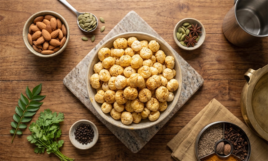 Makhana with nuts and ingredients for a nutritious snack