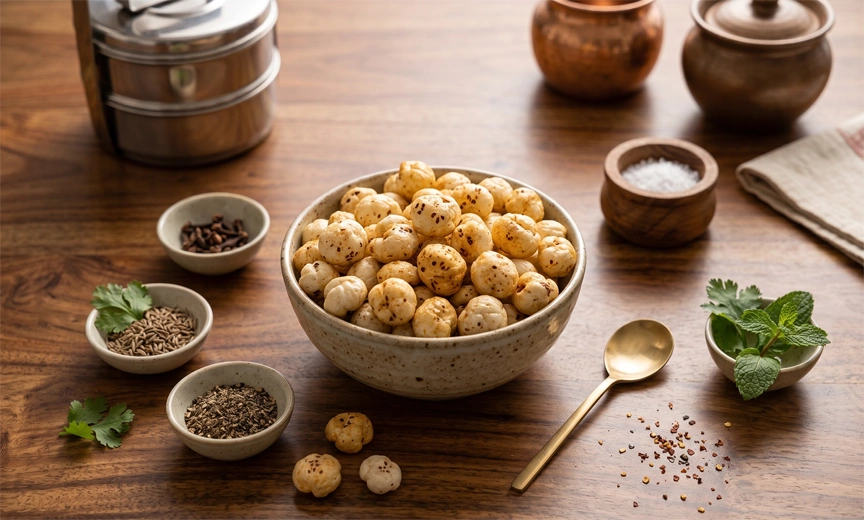 A moderate serving of seasoned roasted makhana