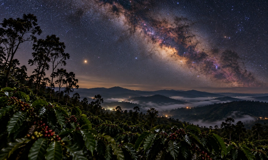 The Milky Way's galactic core visible over a coffee estate in Coorg during peak season