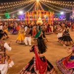 A Navratri Garba event in Gujarat with participants in traditional dress