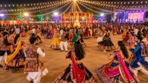 A Navratri Garba event in Gujarat with participants in traditional dress