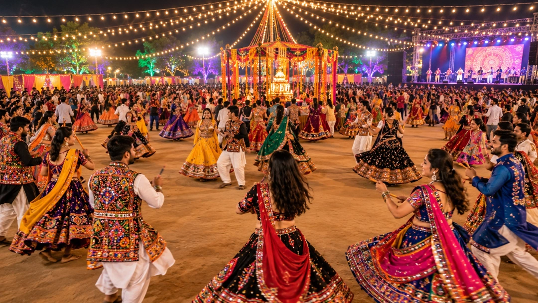 A Navratri Garba event in Gujarat with participants in traditional dress