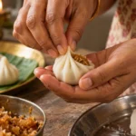 Hands pleating traditional ukadiche modak dough in the classic Maharashtrian style